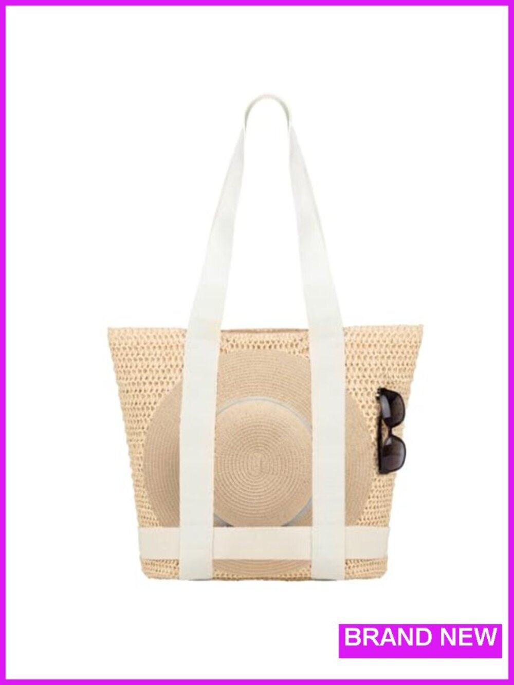 Large Straw Beach Tote Bag with Sun Hat Holder Woven Shoulder Bag Zipper